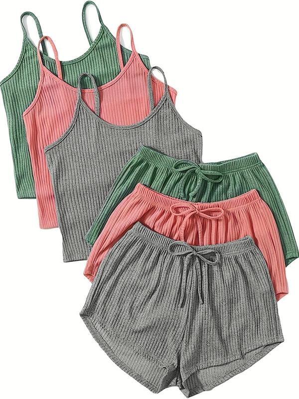 Six-piece Set Women's Plain Ribbed Shorts Set, Casual Crop Cami Top & Elastic Waist Shorts Set, Back To School Gifts, Summer Clothes, Summer Outfits 2024 Sets for Outdoor Holiday