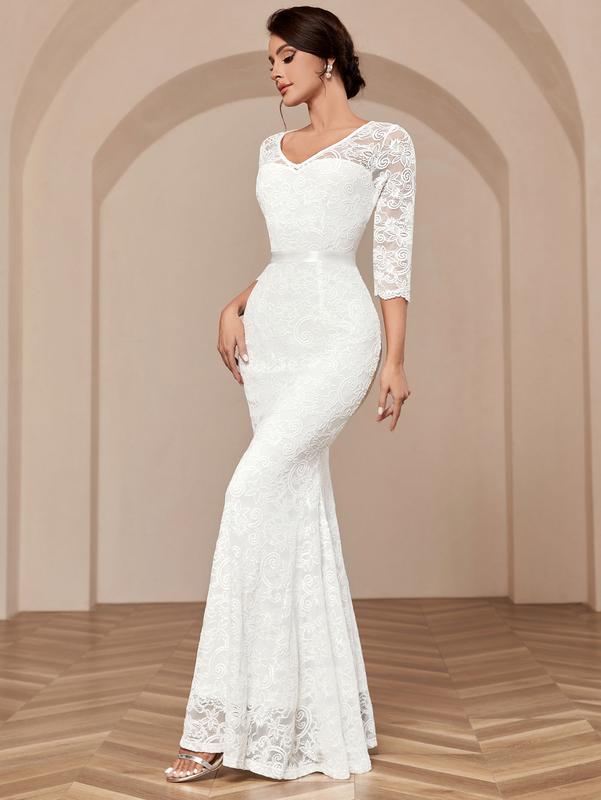 Miusol 53289 Women's Classy V Neck Full Lace 3 4 Sleeve Formal Party Maxi Dress Wedding Dress