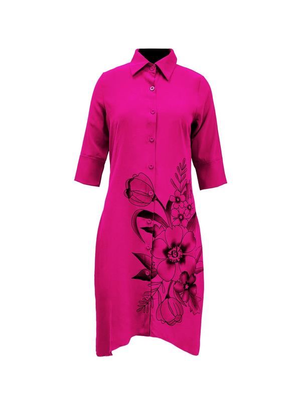 Women's Floral Print Button Front Shirt Dress, Casual 3 4 Sleeve Collared Knee Length Dress for Spring & Fall, Fashion Women's Clothing for Daily Wear