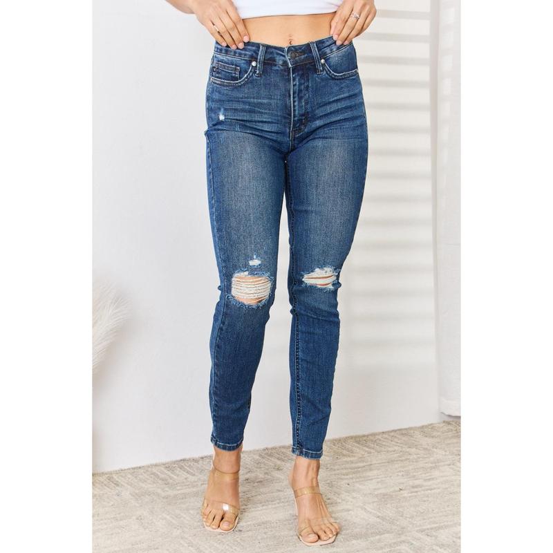 Judy Blue Full Size Mid Waist Distressed Slim Jeans