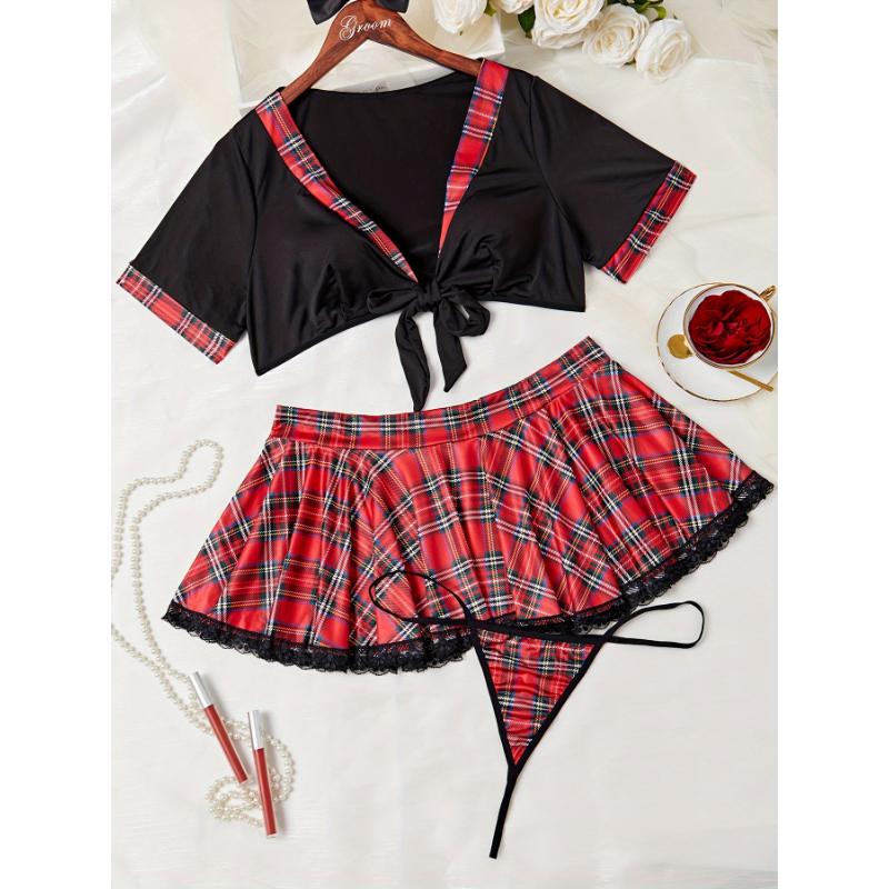 Plus Size Women's Sultry Tie-Front Plaid Lingerie Costume Set - Seductive Roleplay Uniform with Lace Accents, Black and Red Color Block, Bedroom Attire for Confident Women - Perfect for Boudoir Play and Romantic Nights Womenswear Comfort