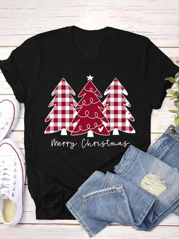  Women's Christmas Tree Print Round Neck Tee, Casual Short Sleeve Crew Neck T-Shirt for Daily Wear, Ladies Clothes for All Seasons