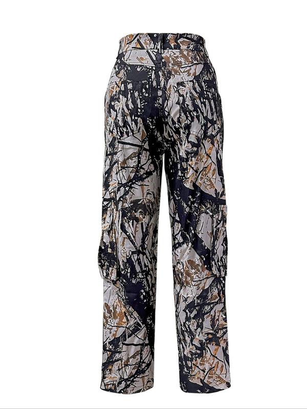 Women's Camo Print Pocket Button Pants, Casual Comfy High Waist Trousers for Daily Wear, Ladies Bottoms for Fall & Winter