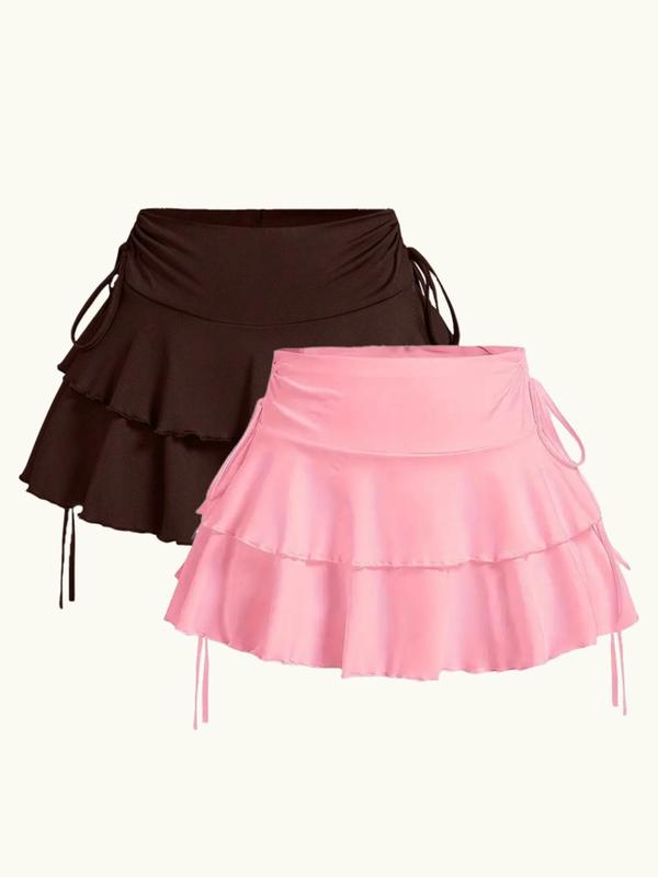 Women's Solid Ruched Drawstring Tiered Layer Skirt, Elegant Fashion Casual Short Skirt for Daily Outdoor Wear, Women Bottoms for Summer