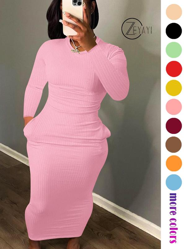 Fall Women's Solid Pocket Long Sleeve Bodycon Dress, Elegant Round Neck Midi Dress for Party Holiday Wedding Guest, Ladies Fall & Winter Clothes, Birthday Dresses 2024, Fall Outfits, Fallfreshness