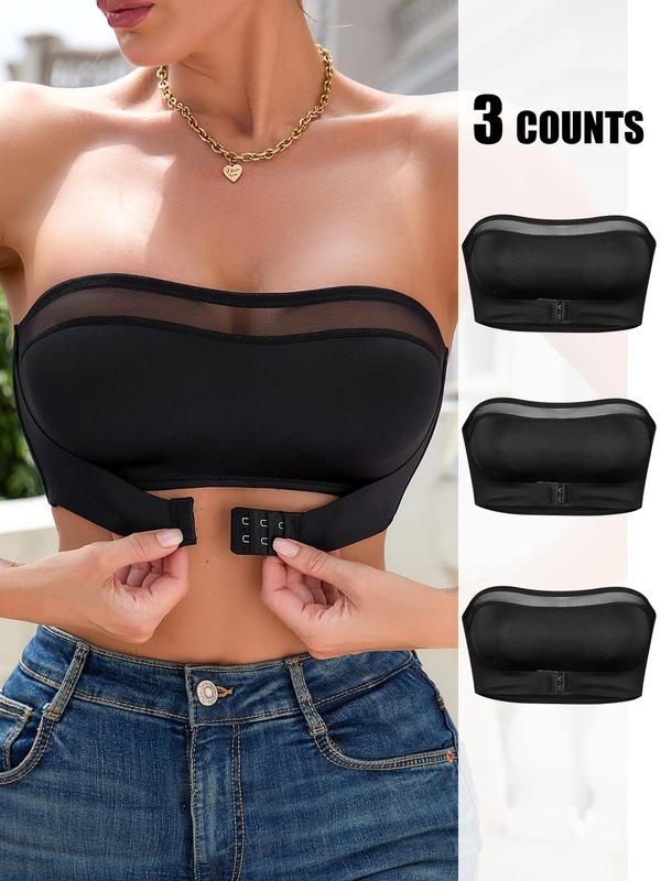 Women's Contrast Mesh Sheer Wireless Bandeau Bra, Comfortable Breathable Solid Color Buckle Front Push Up Lingerie Top, Lingerie for All Seasons