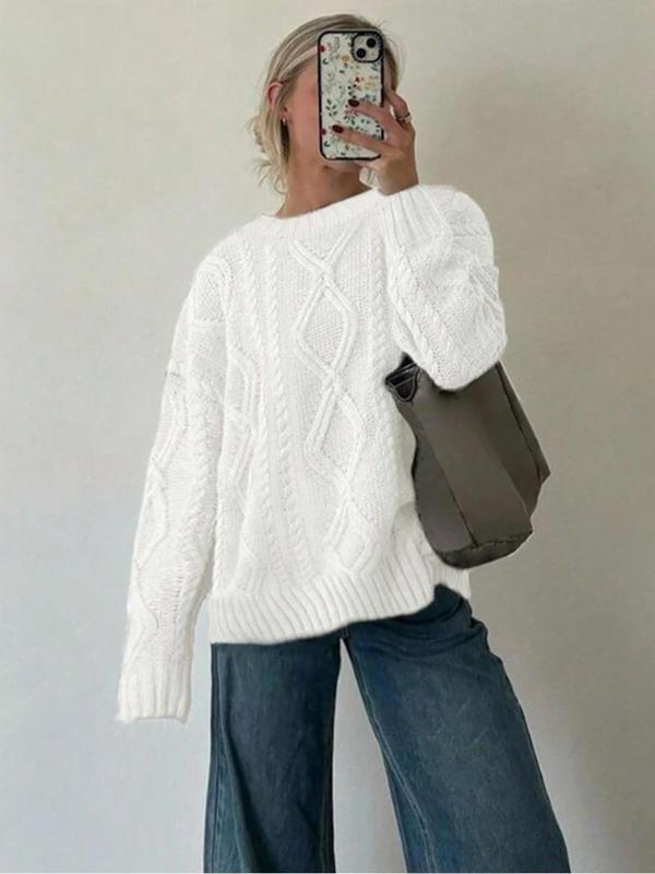 Women's Solid Textured Drop Shoulder Cable Knit Sweater, Casual Long Sleeve Round Neck Jumper for Fall & Winter, Fashion Ladies' Knitwear for Daily Wear