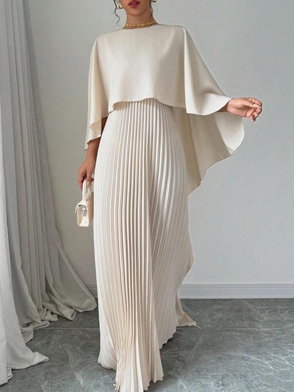 Women's Plain Pleated Cloak Sleeve Maxi Dress, Elegant Round Neck Dress for Party Holiday Wedding Guest, Ladies Spring & Fall Clothes