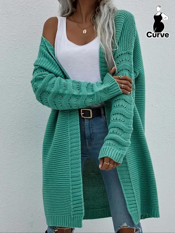  Solid Drop Shoulder Long Sleeve Cardigan, Casual Open Front Knitwear for Fall & Winter, Women's Clothing for Daily Wear