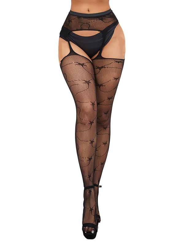 Women's Solid Graphic   Floral Hollow Out Sheer Garter Fishnet Stockings, Sexy Comfy Breathable Thigh High Stockings for Party, Ladies Stockings for All Seasons