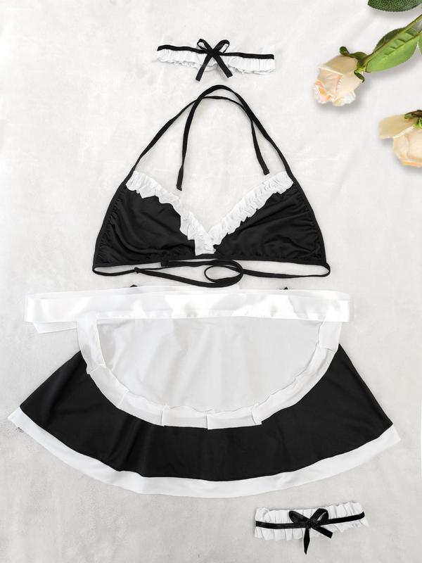 Women's Colorblock Bow Decor Maid Sexy Costume Set, Sexy Frill Tie Back Bra & & Skirt & Apron & Chocker & Bow Decor Wristbands Set, Ladies Sexy Lingerie Set for All Seasons