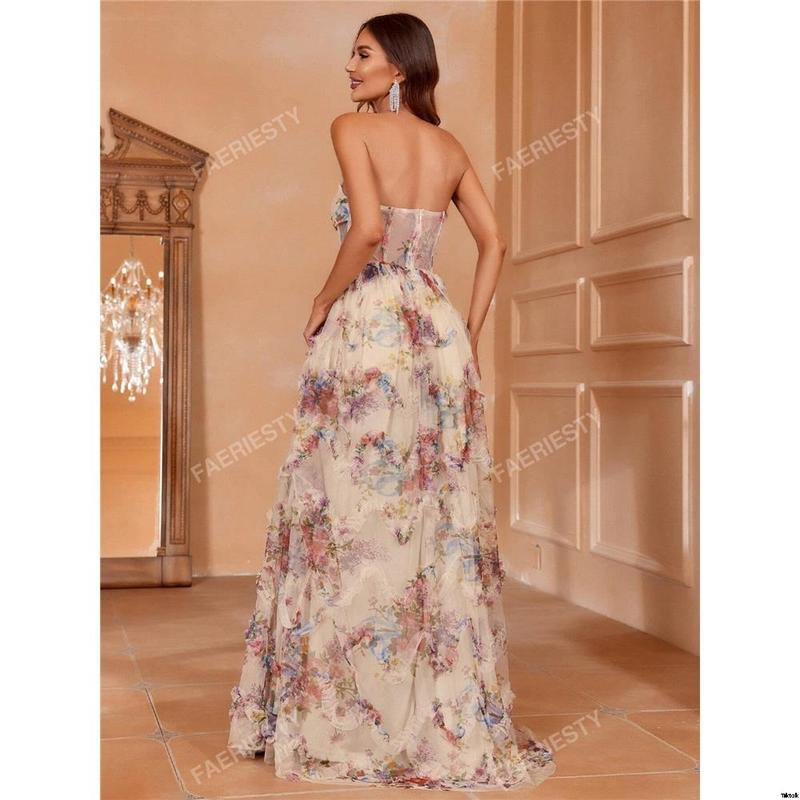 Evening dress dress tube top print floral hem edge ruffles corset ruffles