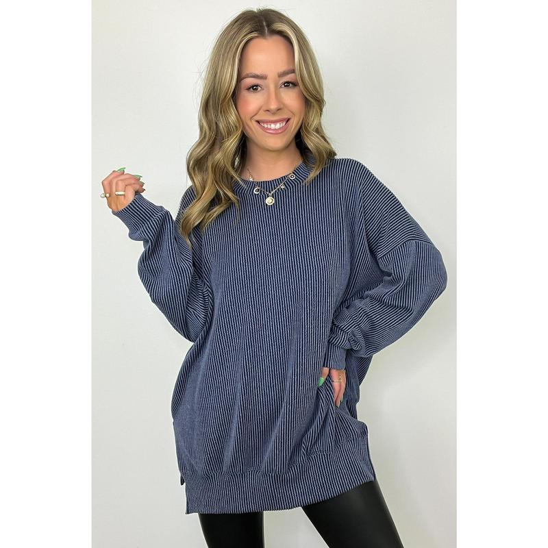 Pressley Rib Knit Side Slit Pullover - BACK IN STOCK