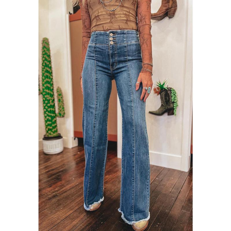 Sail Blue High Waist Button Fly Seamed Raw Hem Flare Jeans