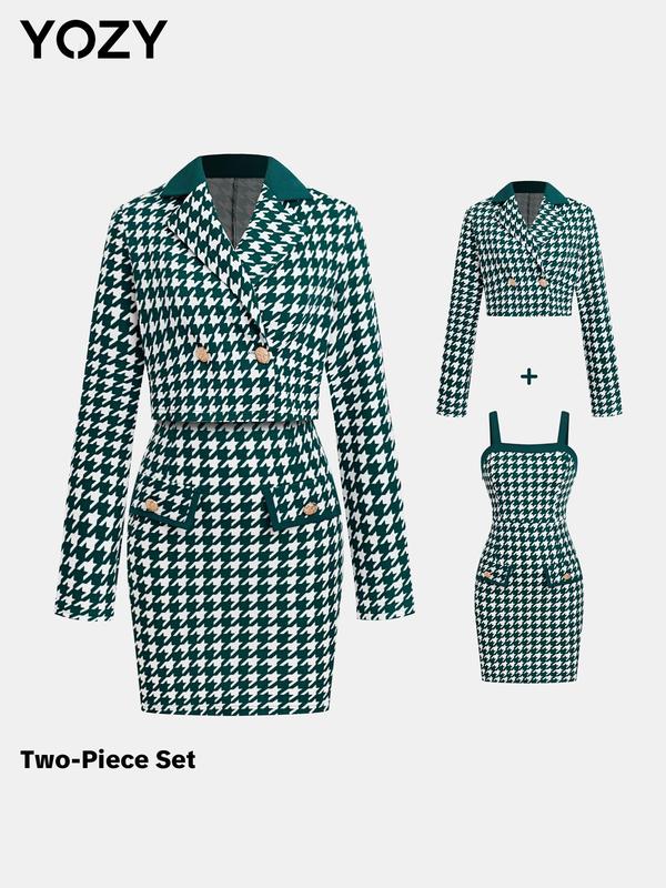 YOZY Christmas Deals, Houndstooth Print Lapel Neck Crop Blazer & Sleeveless Bodycon Dress Set  Fashion Long Sleeve Outerwear & Fake Pocket Dress, Christmas 2024 Trend, Fall & Winter Outfits