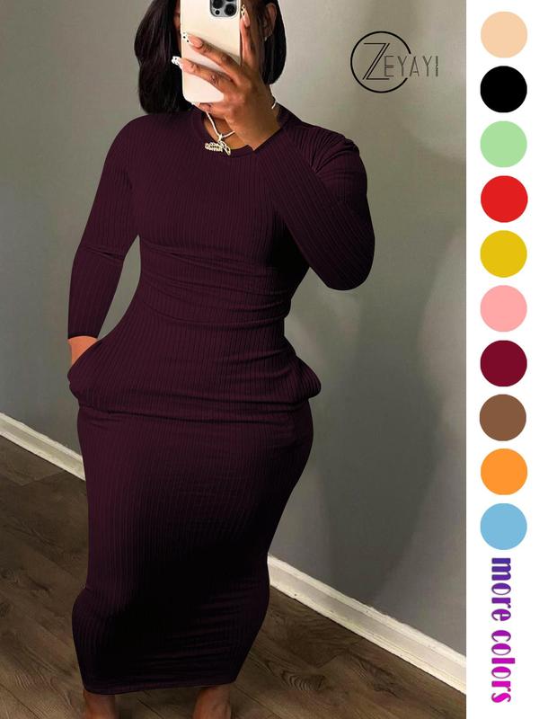 Fall Women's Solid Pocket Long Sleeve Bodycon Dress, Elegant Round Neck Midi Dress for Party Holiday Wedding Guest, Ladies Fall & Winter Clothes, Birthday Dresses 2024, Fall Outfits, Fallfreshness