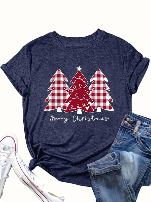  Women's Christmas Tree Print Round Neck Tee, Casual Short Sleeve Crew Neck T-Shirt for Daily Wear, Ladies Clothes for All Seasons