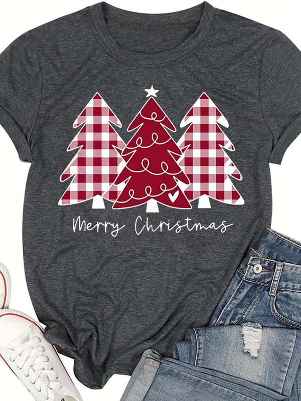  Women's Christmas Tree Print Round Neck Tee, Casual Short Sleeve Crew Neck T-Shirt for Daily Wear, Ladies Clothes for All Seasons