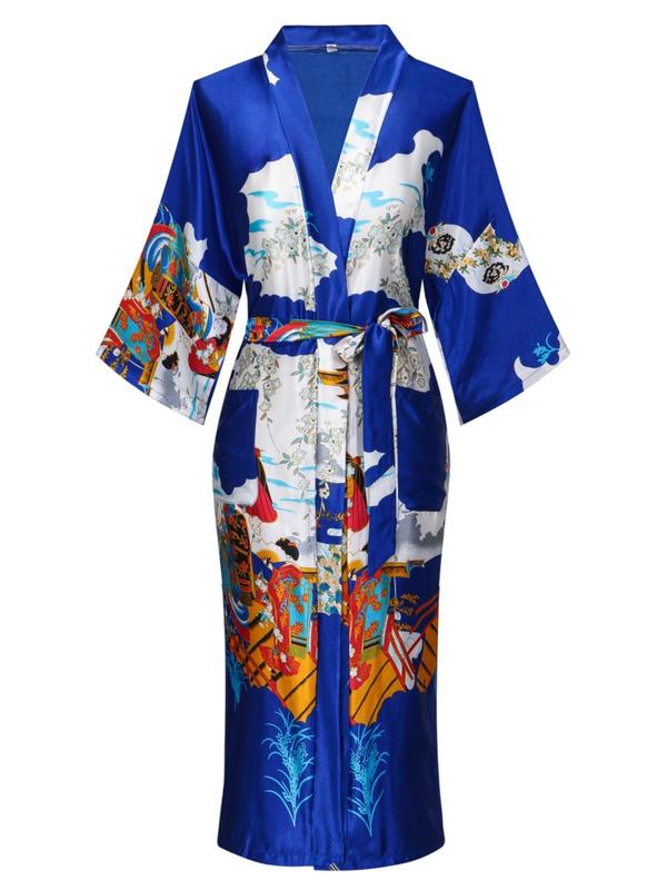 Women's Floral & Figure Print Belted Satin Robe, Casual Long Sleeve V Neck Pocket Design Robe, Robe for Women, Longsleeves Loungewear Gowns, Ladies Sleepwear for All Seasons