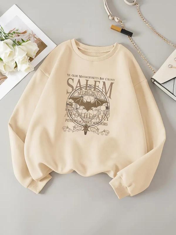 Women's Letter & Bat Print Drop Shoulder Sweatshirt, Retro Casual Long Sleeve Round Neck Pullover for Daily Wear, Ladies Clothes for All Seasons