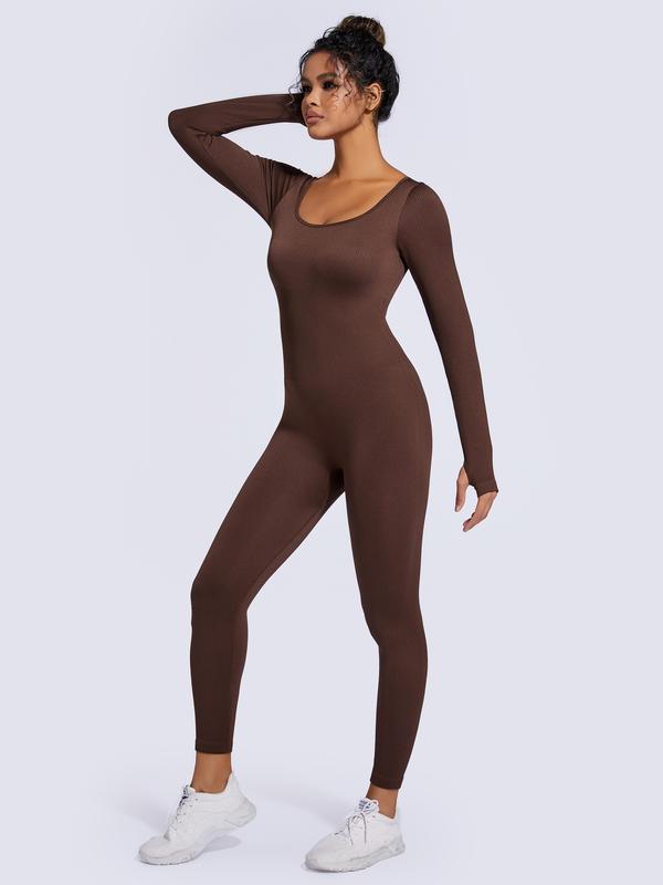 Women's Ribbed Jumpsuit, Casual Tummy Control High Stretch Shapewear Jumpsuit, Long Sleeve Bodysuit for Workout and Sports, Solid Color Seamless Playsuit - Check, Womenswear, Ladies Shapewear Clothes for Daily Wear#SSL1