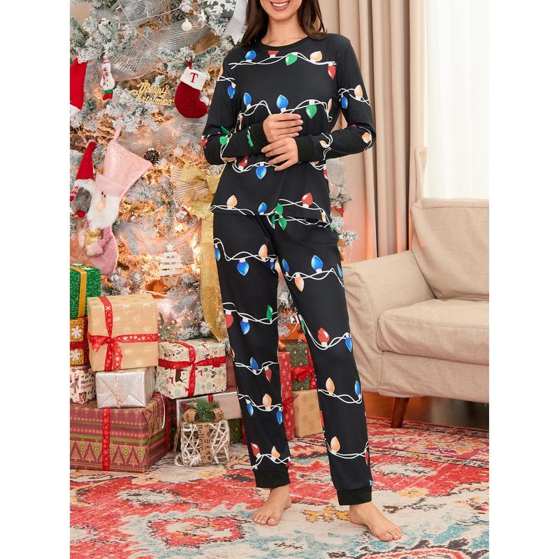 Christmas Pajamas For Family Family Matching Christmas Pajama Set String Light Print Long Sleeve Tops Elastic Waist Long Pants