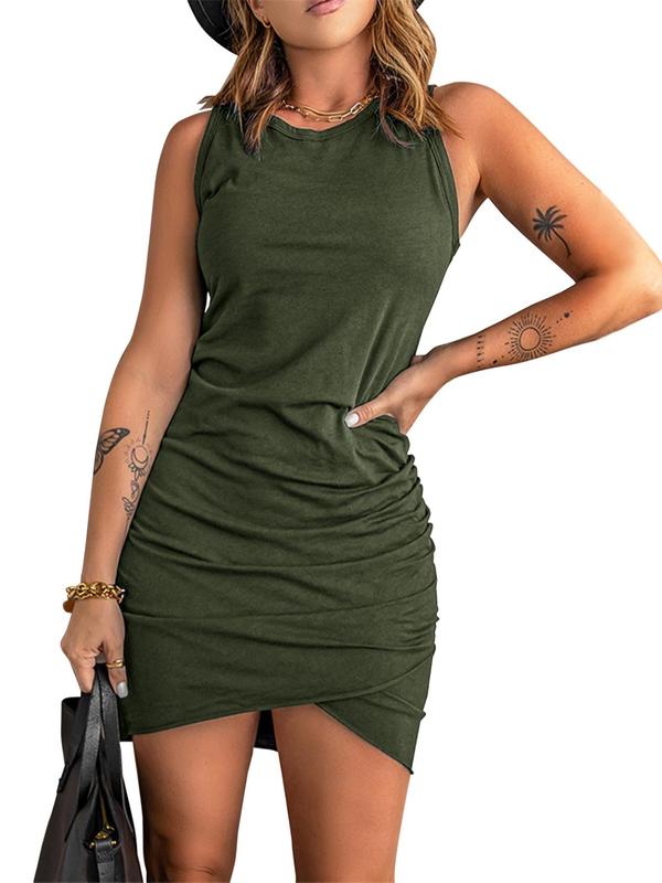 Women's Plain Ruched Wrap Tank Dress, Casual Sleeveless Round Neck Bodycon Dress for Summer, Ladies Clothes for Daily Wear Back to School