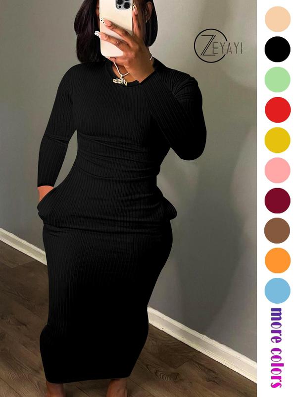 Fall Women's Solid Pocket Long Sleeve Bodycon Dress, Elegant Round Neck Midi Dress for Party Holiday Wedding Guest, Ladies Fall & Winter Clothes, Birthday Dresses 2024, Fall Outfits, Fallfreshness