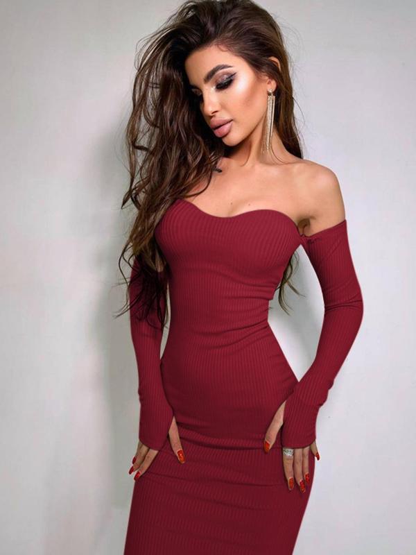 Women's Solid Off Shoulder Bodycon Dress, Casual Long Sleeve Midi Sweater Dress, Women's Knitwear for Fall & Winter