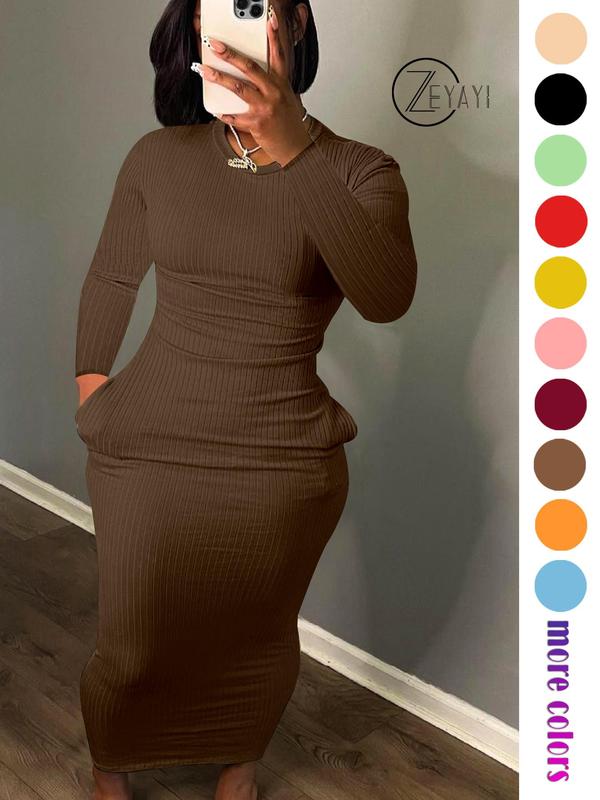 Fall Women's Solid Pocket Long Sleeve Bodycon Dress, Elegant Round Neck Midi Dress for Party Holiday Wedding Guest, Ladies Fall & Winter Clothes, Birthday Dresses 2024, Fall Outfits, Fallfreshness