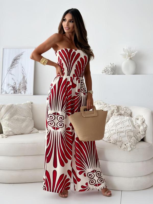 Women's All Over Print Shirred Backless Wide Leg Jumpsuit, Boho Fashion Casual Pocket Design Tube Jumpsuit for Beach Holiday Vacation, Ladies Summer Clothes