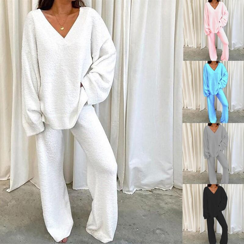 Women's Fuzzy Pajamas Sets Warm Winter Plush Soft V Neck Long Sleeve Tops and Pants 2 Piece Outfits Sleepwear Pjs