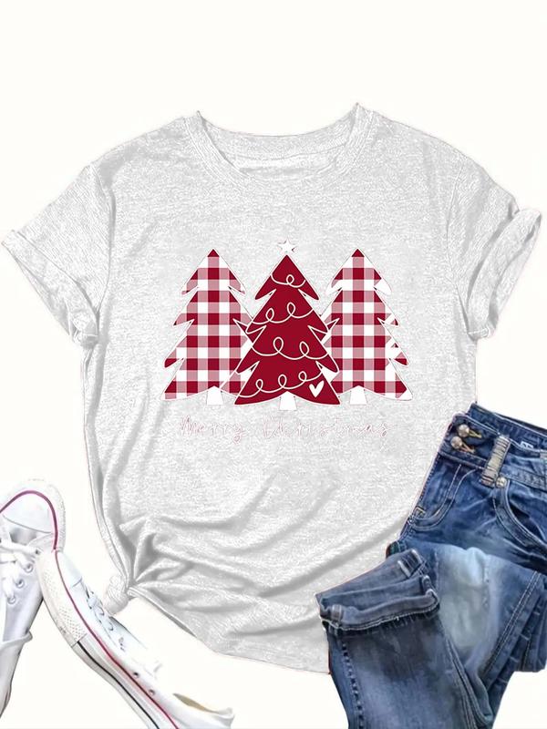  Women's Christmas Tree Print Round Neck Tee, Casual Short Sleeve Crew Neck T-Shirt for Daily Wear, Ladies Clothes for All Seasons