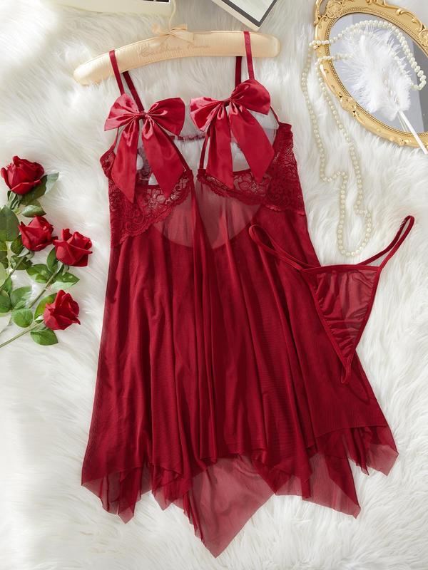  Plain Bow Decor Cut Out Backless Sheer Cami Nightdress & Thong Sexy Sleepwear Set, Adjustable Spaghetti Strap Nightgown & Panty, Women's Loungewear Set for All Seasons