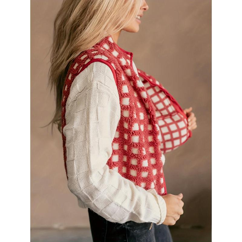 Fashionable Women's Plaid Fleece Vest-Sleeveless, Stand Collar, Zipper Autumn and Winter