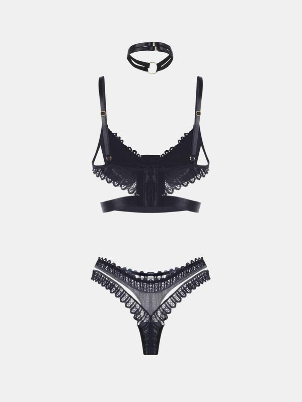 Women's Sexy Lingerie Set, Adjustable Strap  Lace Bra & O-ring Choker & Contrast Mesh Thong Set, Fashion Underwear Set for All Seasons