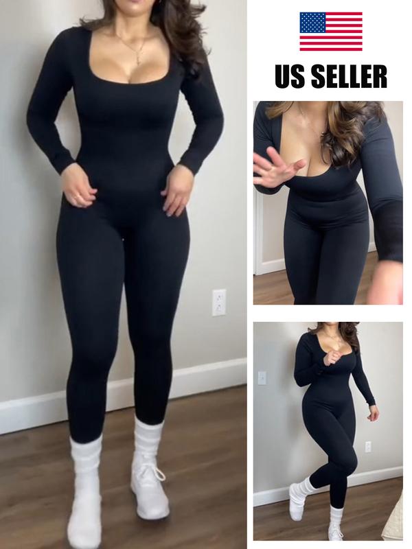 Women's Ribbed Jumpsuit, Casual Tummy Control High Stretch Shapewear Jumpsuit, Long Sleeve Bodysuit for Workout and Sports, Solid Color Seamless Playsuit - Check, Womenswear, Ladies Shapewear Clothes for Daily Wear#SSL1