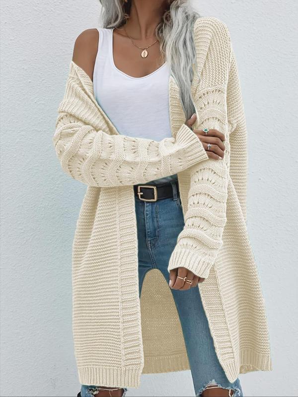  Solid Drop Shoulder Long Sleeve Cardigan, Casual Open Front Knitwear for Fall & Winter, Women's Clothing for Daily Wear