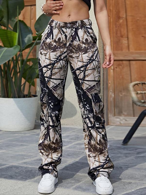 Women's Camo Print Pocket Button Pants, Casual Comfy High Waist Trousers for Daily Wear, Ladies Bottoms for Fall & Winter