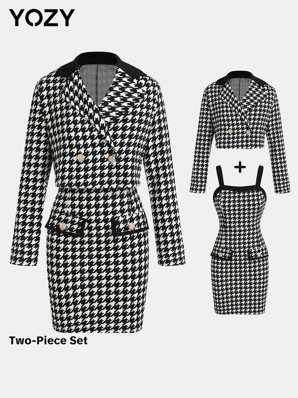 YOZY Christmas Deals, Houndstooth Print Lapel Neck Crop Blazer & Sleeveless Bodycon Dress Set  Fashion Long Sleeve Outerwear & Fake Pocket Dress, Christmas 2024 Trend, Fall & Winter Outfits