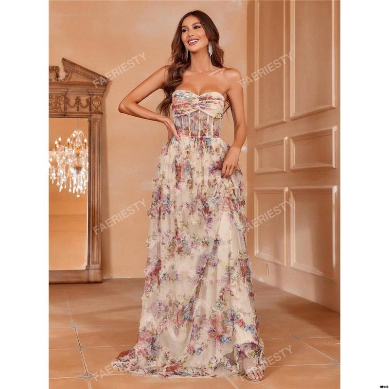 Evening dress dress tube top print floral hem edge ruffles corset ruffles