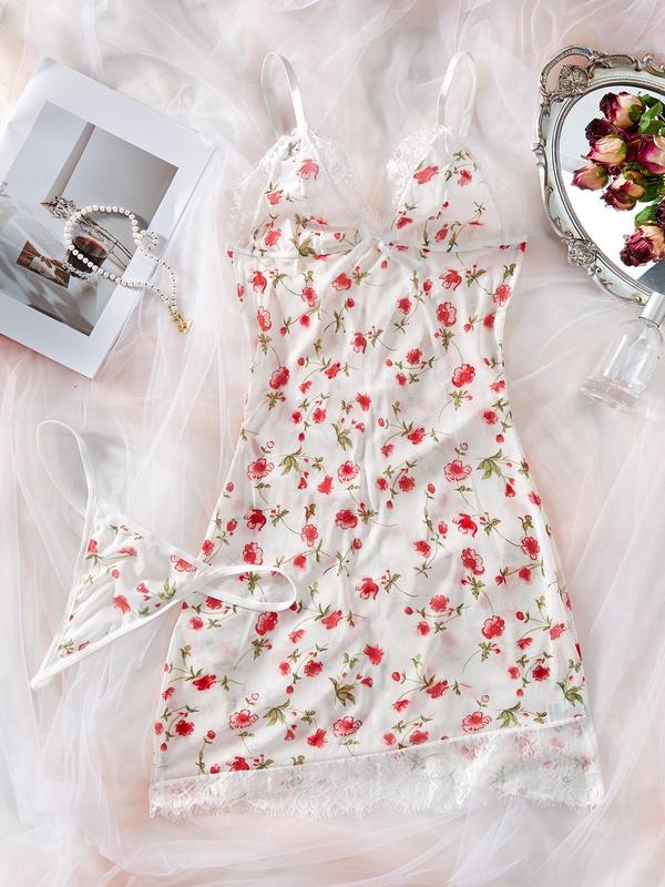 Women's Ditsy Floral Print Contrast Lace Cami Nightdress & Thong Cute Nightwear, Ruched Camisole Nighty Dress & Thong Set, Night Gown for Women, Lounge Dresses for Women, Dress for Women, Summer Wear 2024, Summer Lounge & Sleepwear Set