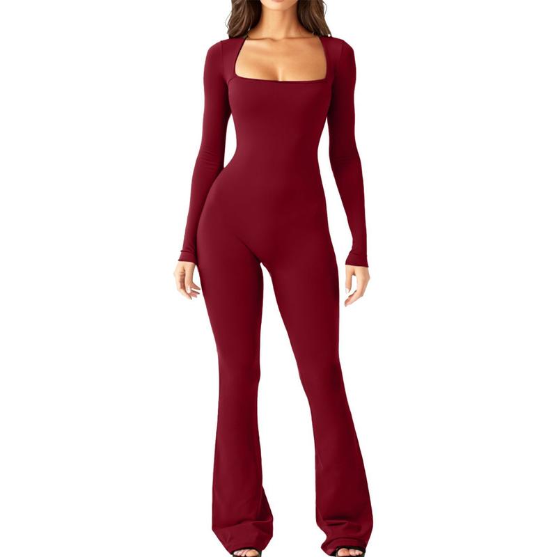 Women Long Sleeve Belly Waist Shaping and Hip Lift Square Collar Wide Leg High Elastic Jumpsuit Does not apply