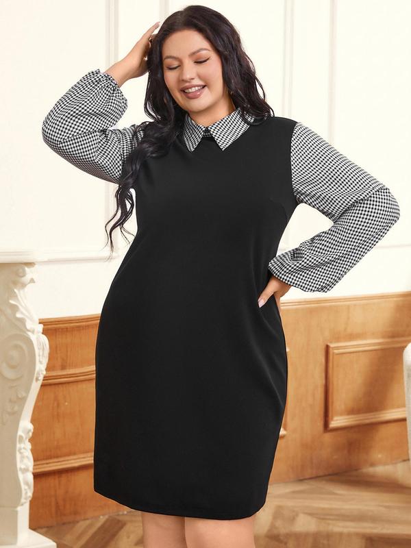 CURVZY Plus Size Colorblock Plaid Patchwork Bishop Sleeve Tunic Dress, Casual Keyhole Neck Long Sleeve Dress for Daily Wear, Women's Clothing for All Seasons