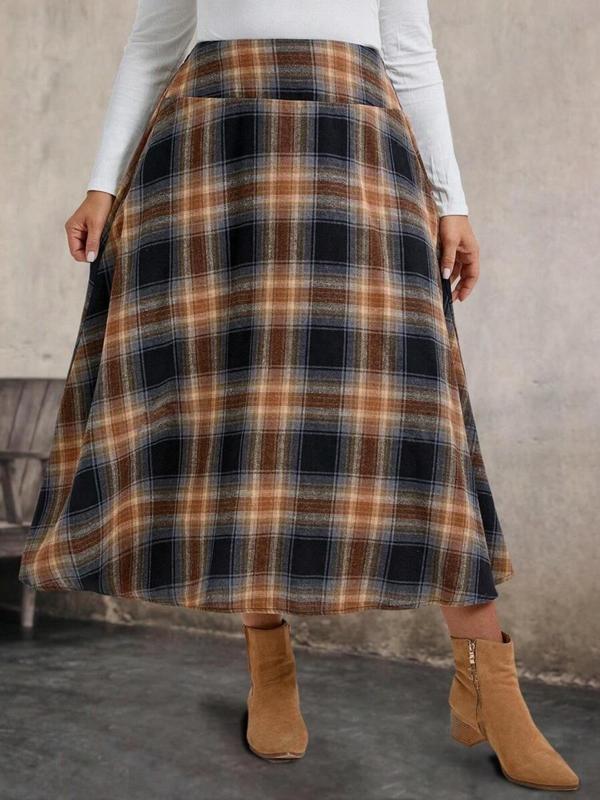  Plaid Print Elastic Waist Flared Skirt, Casual Fashion Long Skirt for Daily Outdoor Wear, Women Clothing for Fall & Winter