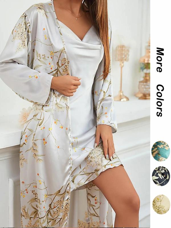 @Shopwithjulie Collection 2 Piece Set Women's Floral Print Pyjama Set, Girl Nightwear, Cowl Neck Cami Nightdress & Belted Pj Robe, Fall Wear, Women Sleepwear Loungewear Set, Lounge Set , Pajama Sets Women, Plz Order A Size Up