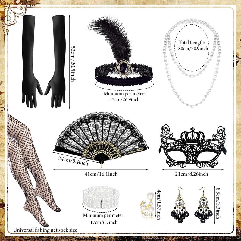 1920s Accessories for Women Great Gatsby Nye Sparkly Dress Set with Headband Masquerade Mask Fishnet Tights