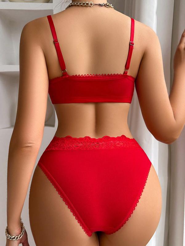 Women's Solid Color Splicing Lace Lingerie Set, Bra & Panty Set Eyelash Lace Set