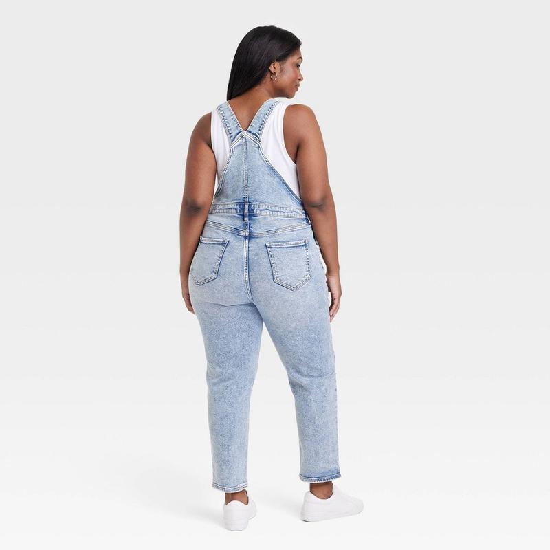 Ava & Viv Women's High-Rise Denim Overalls Straight Leg Jumpsuits, Light Blue