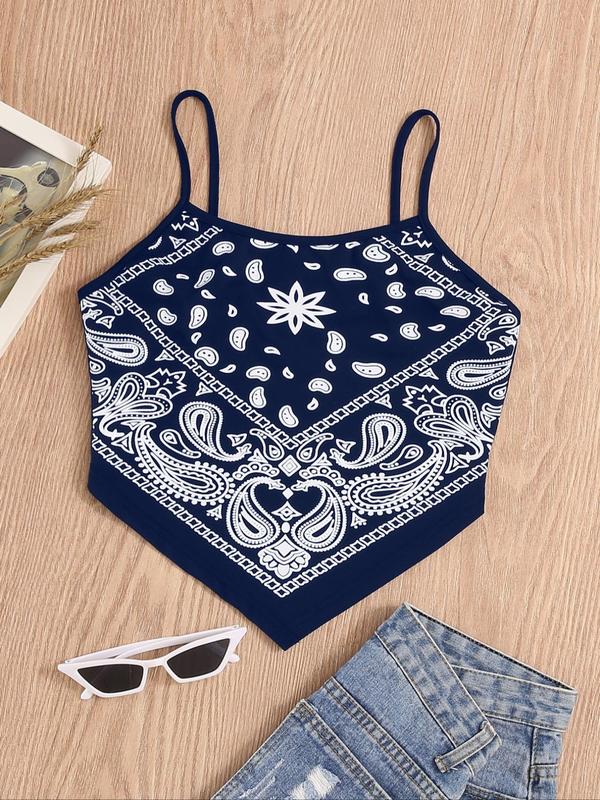 Women's Paisley Print Asymmetrical Hem Cami Top, Boho Sleeveless Cropped Top, Summer Clothes Women, Fashion Casual Ladies Top for Beach Vacation Holiday, 90s Clothes